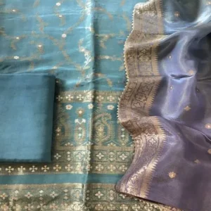 Display showing the natural sheen, drape, and grand look of the tissue Chanderi suit set