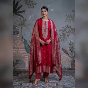 Pure Silk Embroidered Suit Red