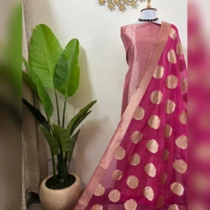 Front view of pure Banarasi brocade shirt paired with a rich woven Banarasi dupatta and cotton bottom
