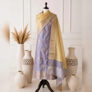 Front view of rich pure raw silk kurta paired with a sheer pure kora silk dupatta and matching raw silk bottom