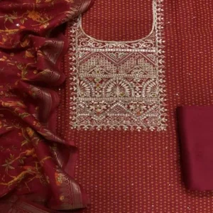 Model or display showcasing the sheer elegance, drape, and lustrous finish of the Maheshwari suit set